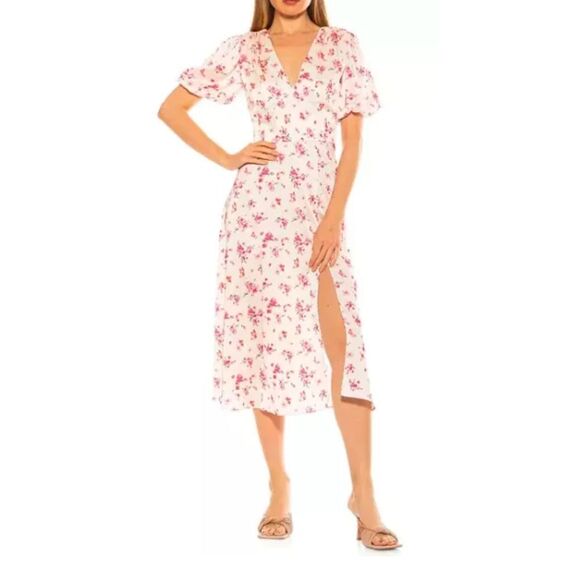 Alexia Admor Dresses & Skirts - Alexia Admor "Nola" Puffy Sleeve Ivory Pink Floral Fit N' Flare Midi Dress Sz 12